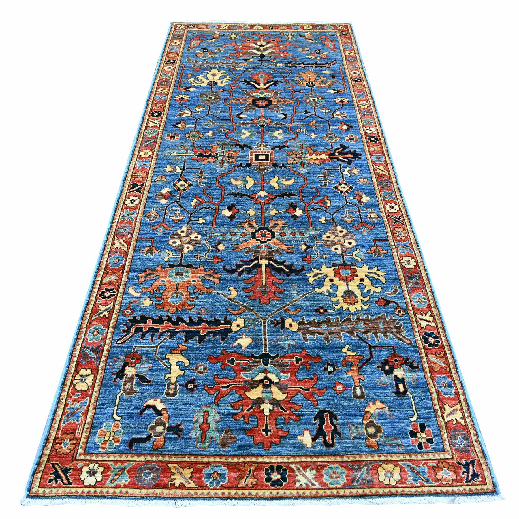 4'x10' Bayern Blue, Heriz All Over Design, Aryana Collection, Vegetable Dyes, Hand Knotted, Soft Pile, High Mountain Wool, Densely Woven, Wide Runner, Oriental Rug 
